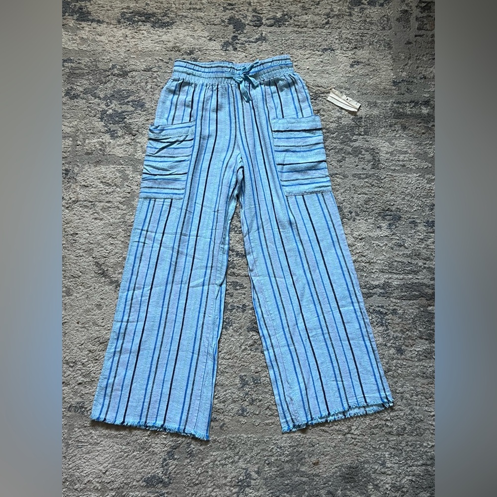 Indigo Rein Linen Blend Wide Leg Pants Blue Striped Size Small